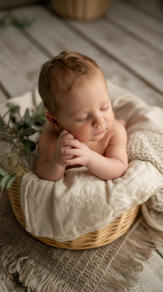 A sleeping baby rests on a cream-colored blanket inside a woven basket, with its hands clasped and placed under its chin. There are green leaves beside the baby, and the blanket is embroidered with the words 'Sweet Dreams.' The setup is on a soft, textured rug on a wooden floor.