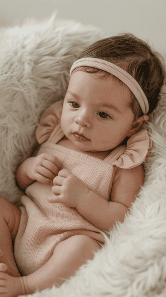 A baby wearing a pink headband and pink outfit is lying on a fluffy white blanket.