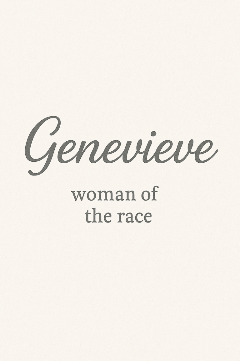 The image shows the word "Genevieve" in elegant cursive font with the phrase "woman of the race" written below in a serif font, all on a light beige background.