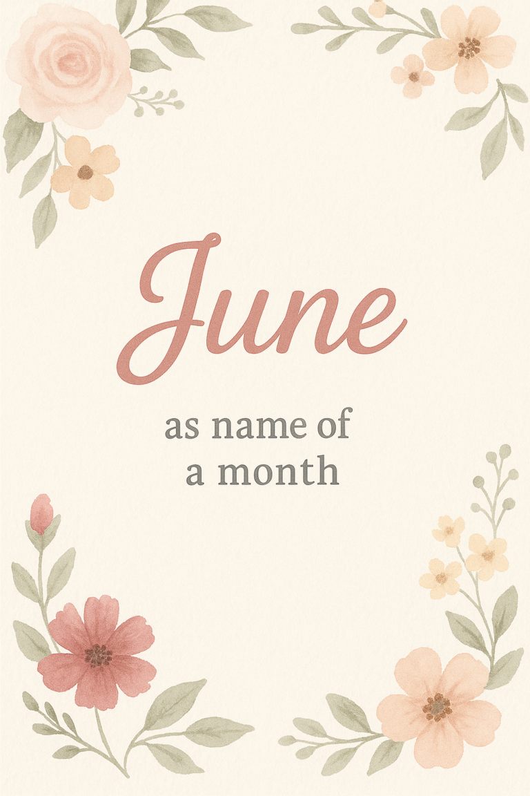 A floral design featuring the word 'June' in elegant script, surrounded by watercolor-style flowers in soft pink and orange hues on a light background.