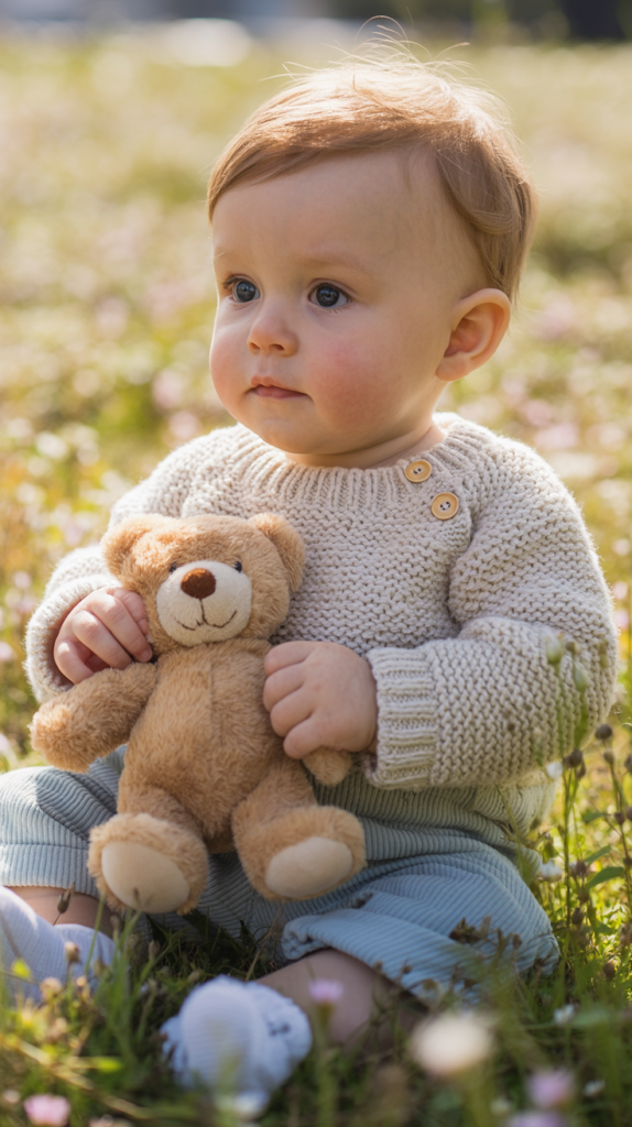 A child wearing a knitted sweater sits in a grassy field holding a teddy bear, with a soft focus background of flowers.