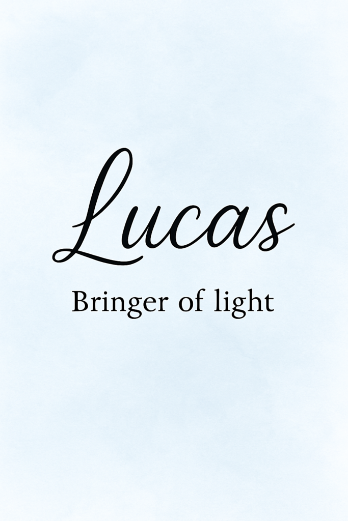 Text on a light blue background reads "Lucas" in a cursive font and "Bringer of light" in a serif font beneath it.