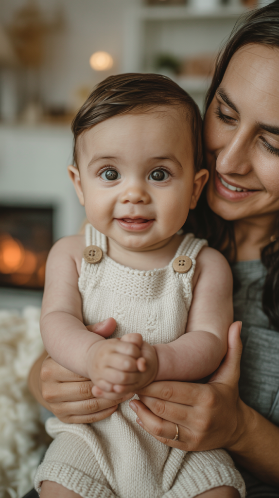 A smiling baby wearing a knit romper with button straps is held by an adult woman, who is smiling and looking at the baby, in a cozy indoor setting.