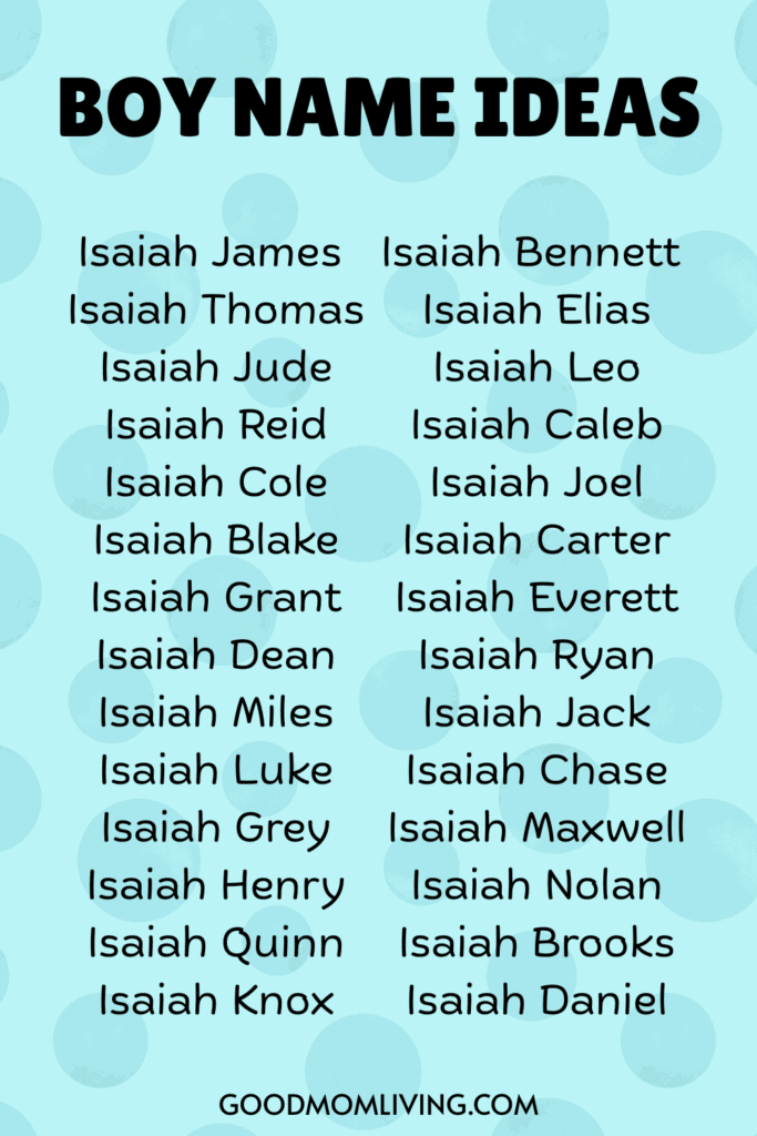 A list of boy name ideas, all starting with 'Isaiah,' followed by various middle names like James, Thomas, Jude, Bennett, and others, on a light blue background with subtle circles.