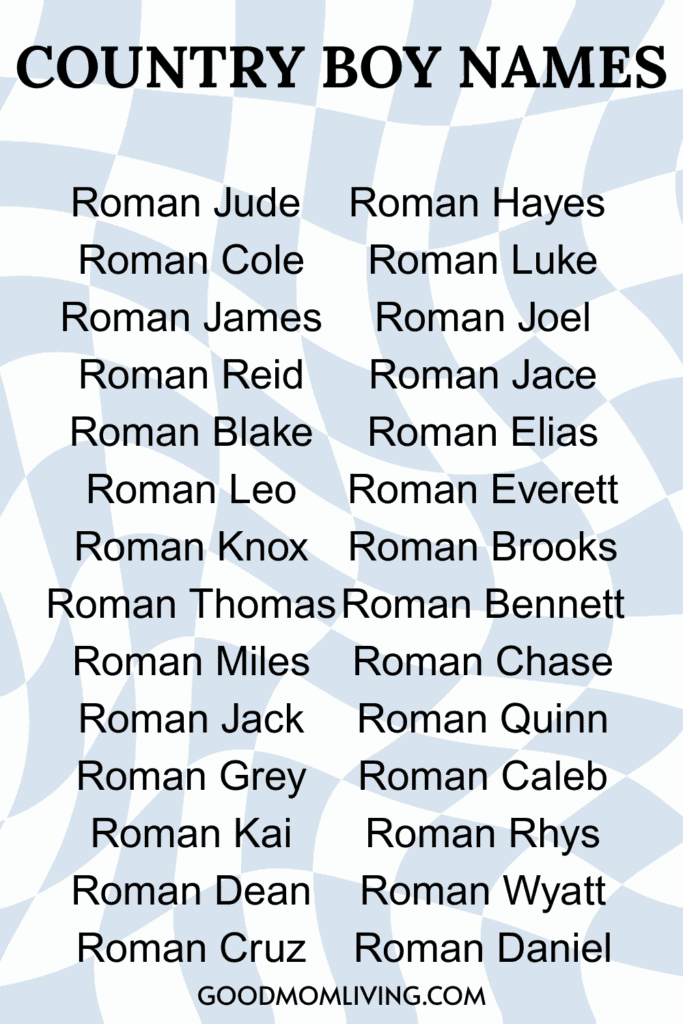 List of country boy names featuring the first name 'Roman' followed by various second names like Jude, Cole, James, and others, displayed on a patterned background.