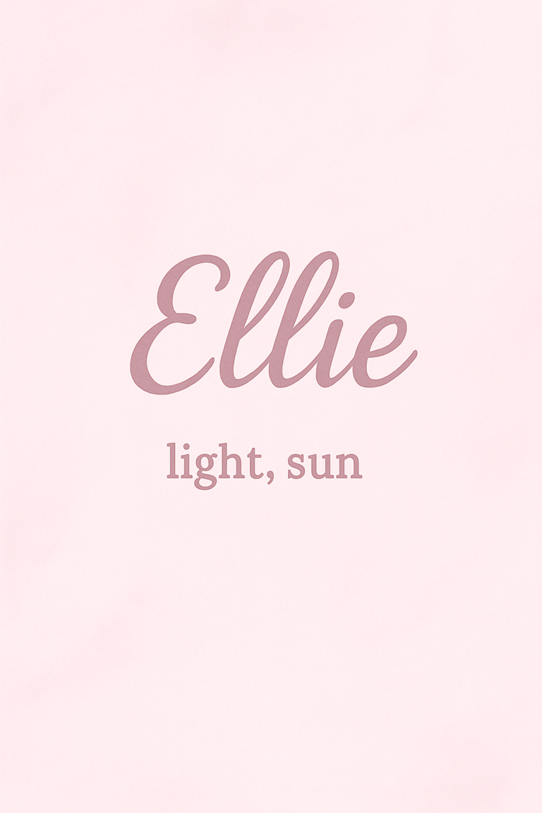 Text reading "Ellie" in cursive and "light, sun" in smaller print on a pink background.