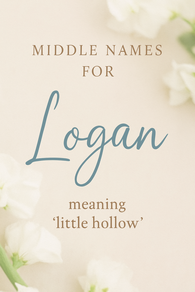 Text reading "Middle Names for Logan meaning 'little hollow'" on a soft beige background with white flowers.