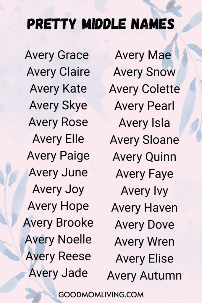 A list of pretty middle names for 'Avery' arranged in two columns on a pink background with blue floral accents. Names include Avery Grace, Avery Claire, Avery Kate, and more. The image is from goodmomliving.com.