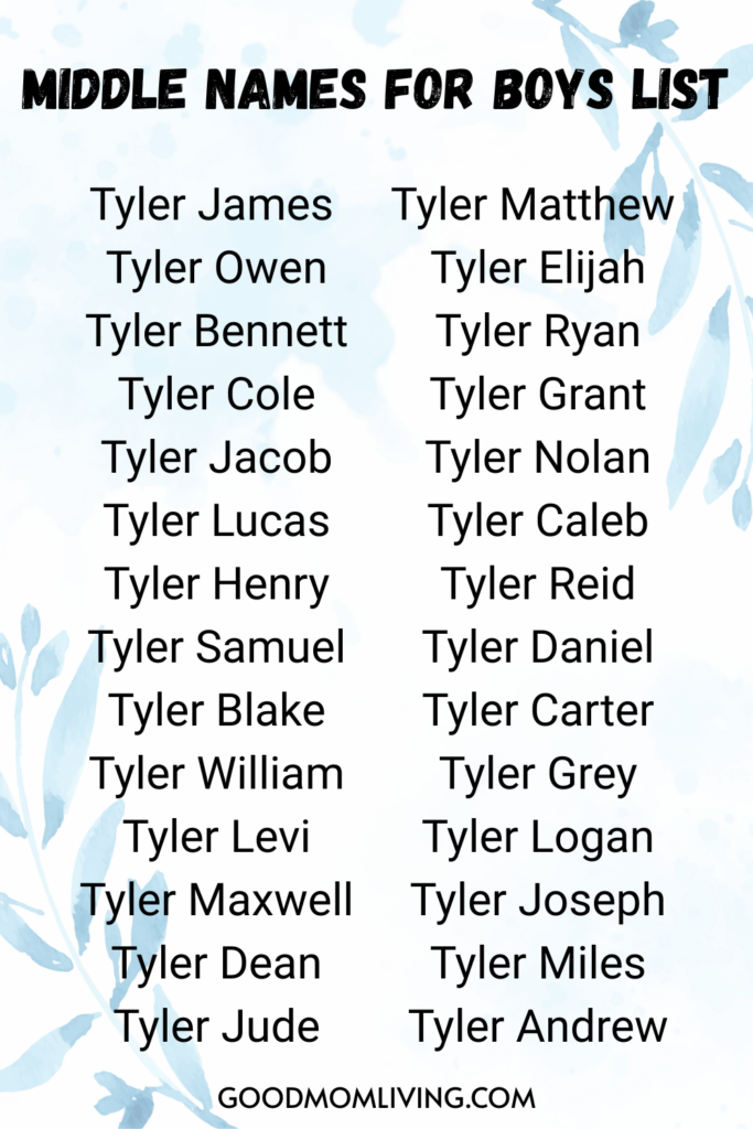 List of middle names for boys with the first name Tyler, shown in two columns on a background with a light blue floral pattern. The first column includes: Tyler James, Tyler Owen, Tyler Bennett, Tyler Cole, Tyler Jacob, Tyler Lucas, Tyler Henry, Tyler Samuel, Tyler Blake, Tyler William, Tyler Levi, Tyler Maxwell, Tyler Dean, Tyler Jude. The second column includes: Tyler Matthew, Tyler Elijah, Tyler Ryan, Tyler Grant, Tyler Nolan, Tyler Caleb, Tyler Reid, Tyler Daniel, Tyler Carter, Tyler Grey, Tyler Logan, Tyler Joseph, Tyler Miles, Tyler Andrew. The website "GOODMOMLIVING.COM" is at the bottom.