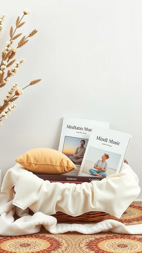 A gift basket featuring meditation music books, a soft pillow, and cozy blankets.
