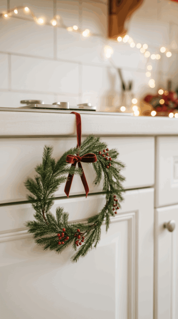 A festive holiday wreath decorated with pine branches and red berries hangs on a white kitchen cabinet, with warm fairy lights in the background.