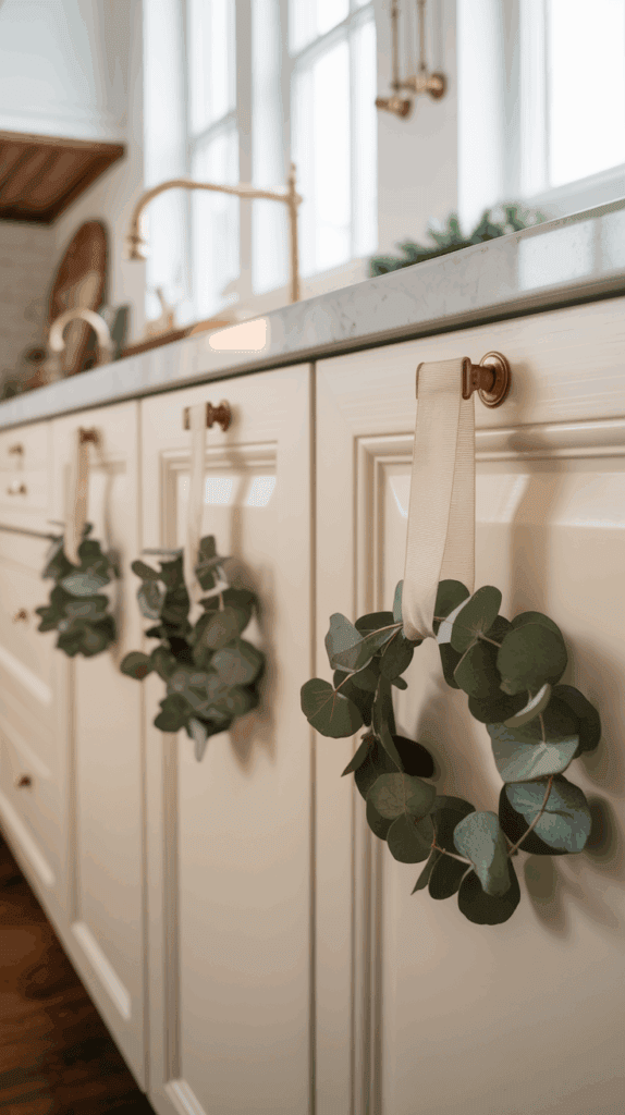 An elegant kitchen featuring white cabinetry with gold handles, decorated with small eucalyptus wreaths hanging from ribbons. The countertop is marble, and a gold faucet is visible under a window, enhancing the kitchen’s sophisticated look.