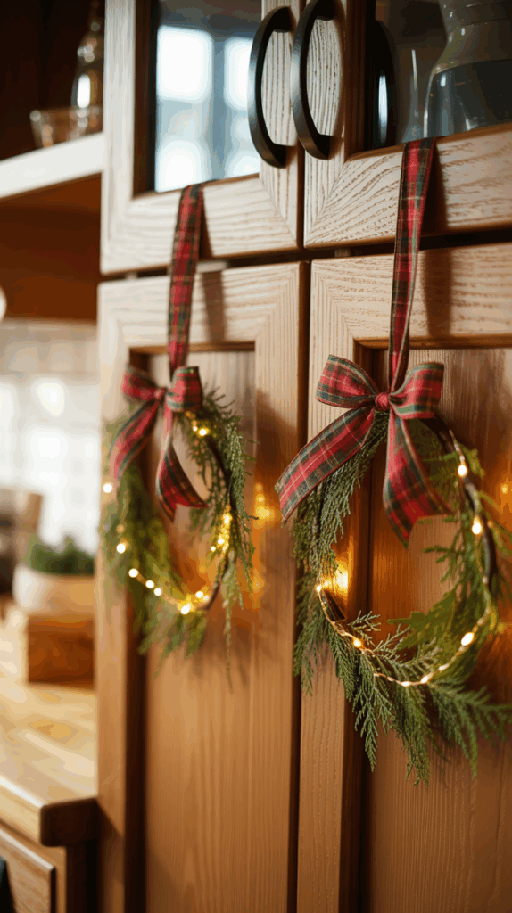 Two small wreaths decorated with red plaid ribbons and warm white LED fairy lights hanging on wooden cabinet doors in a cozy kitchen setting.