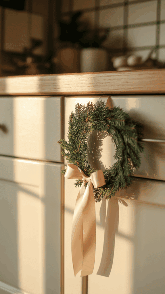 A green pine wreath with a light-colored ribbon bow hanging on a white cabinet in a sunlit kitchen.