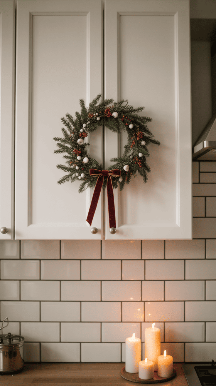 A festive wreath decorated with red berries, silver baubles, and a red velvet bow hangs on a white kitchen cabinet door. Below, three lit candles of varying heights are placed on a wooden surface against a white subway tile backsplash.