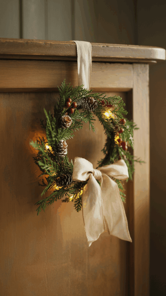 A small festive wreath with pine branches, pinecones, red berries, and glowing lights, adorned with a large beige bow, hangs on the corner of a wooden mantle or tabletop.