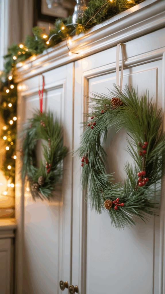 Two festive wreaths with pine branches, pinecones, and red berries hang on white cabinet doors, with a string of warm lights above.