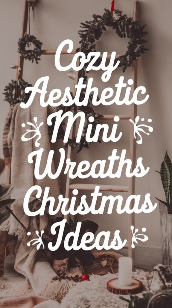 A cozy interior corner with a wooden ladder showcasing mini Christmas wreaths and draped blankets, accompanied by a lit candle and plants. Overlay text reads: 'Cozy Aesthetic Mini Wreaths Christmas Ideas.'