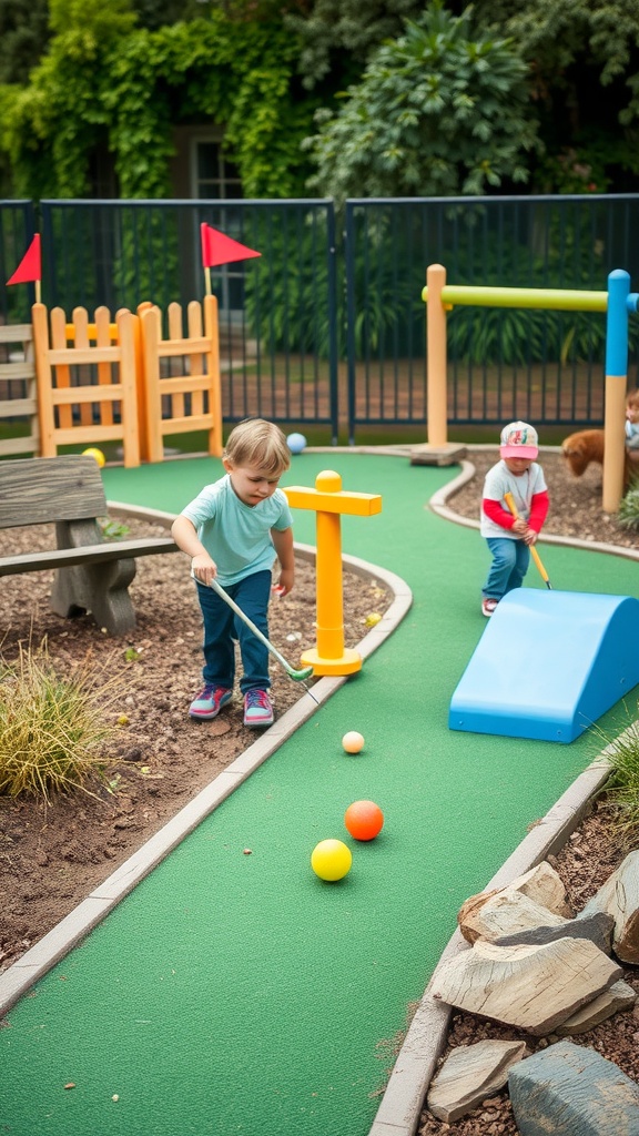 Children playing mini golf on a colorful course in a garden setting.