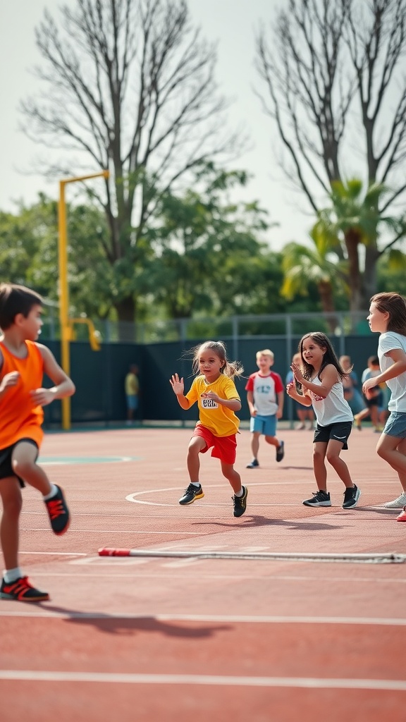 Children participating in Mini Olympics Day activities outdoors.