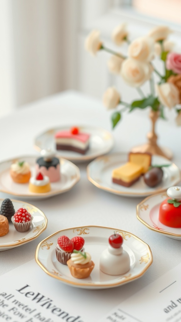 An assortment of miniature desserts on decorative plates arranged on a white table, with a vase of light-colored flowers in the background.