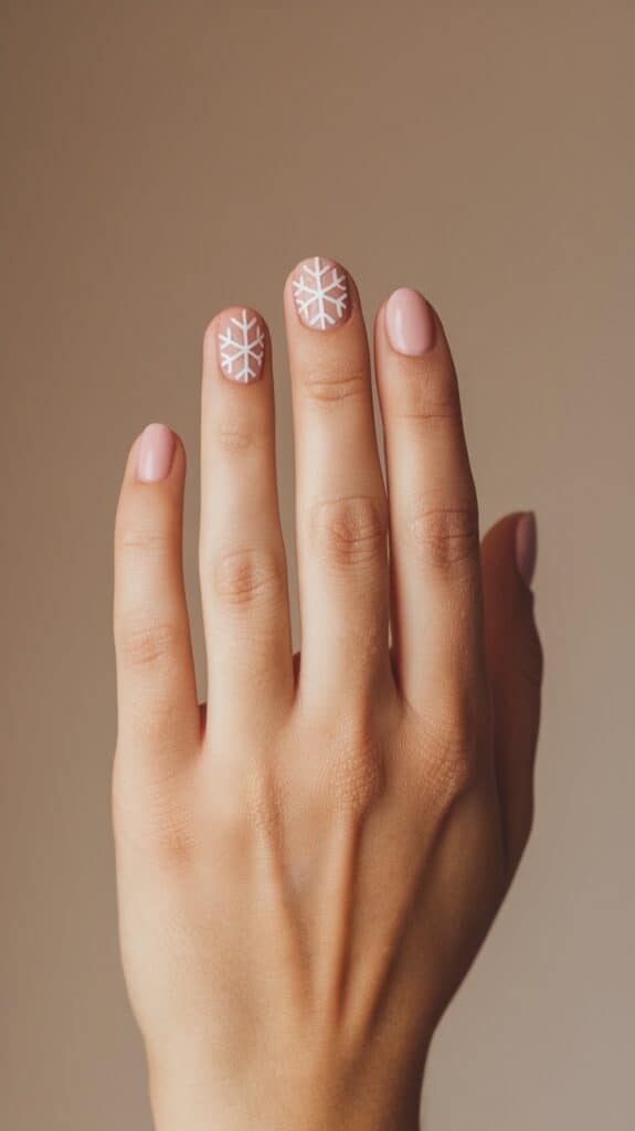 A close-up of a hand with a light pink manicure, featuring snowflake designs on the middle and ring fingernails.