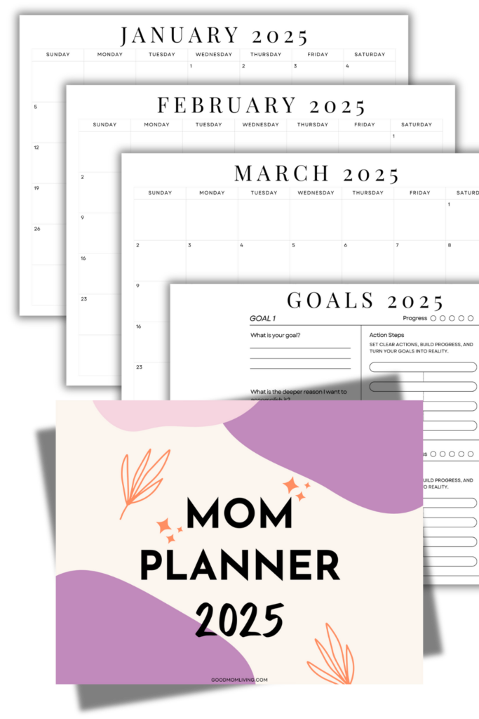 "Mom Planner 2025" cover with floral graphics in purple, and calendar pages for January, February, and March, along with a goals section.