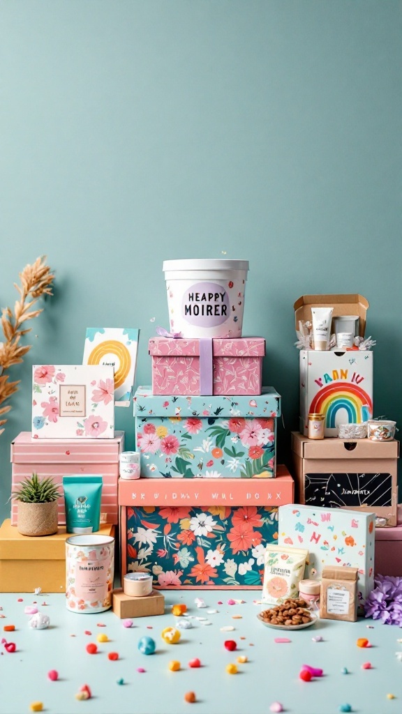 A colorful display of various subscription boxes with floral designs and cheerful decorations.