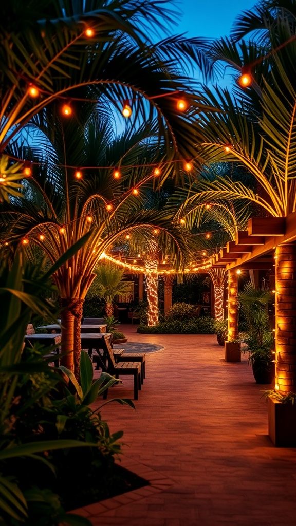 A serene outdoor patio at dusk, adorned with string lights intertwined between palm trees and wrapped around a wooden pergola, creating a warm, inviting ambiance. The area features lounge chairs set on a brick pathway surrounded by lush greenery.