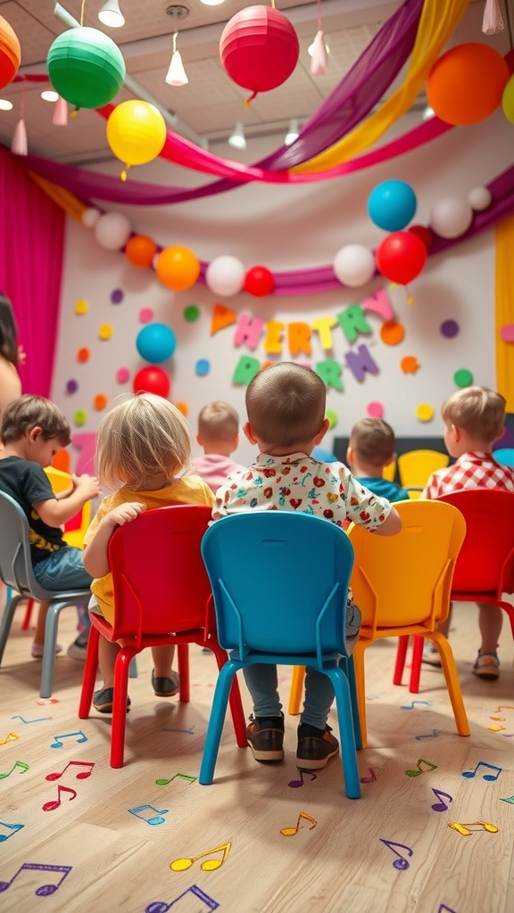 Children sitting in colorful chairs at a party, ready for a game of musical chairs.