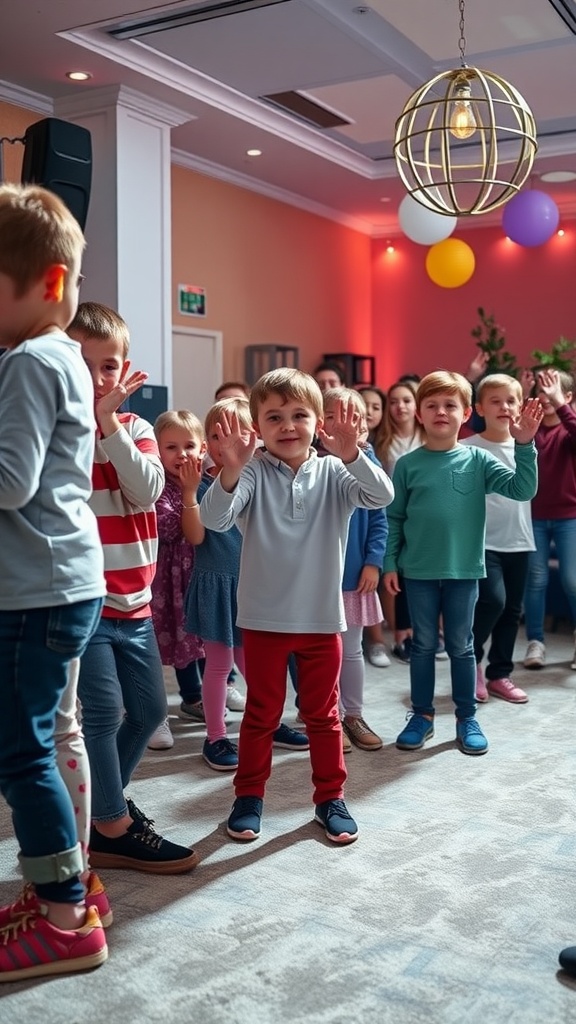 Children playing Musical Statues at a party, smiling and having fun.