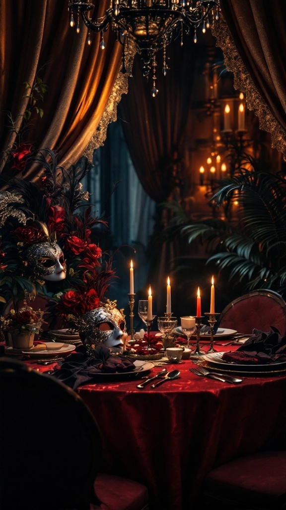 Elegant masquerade party setup with masks, candles, and rich decor