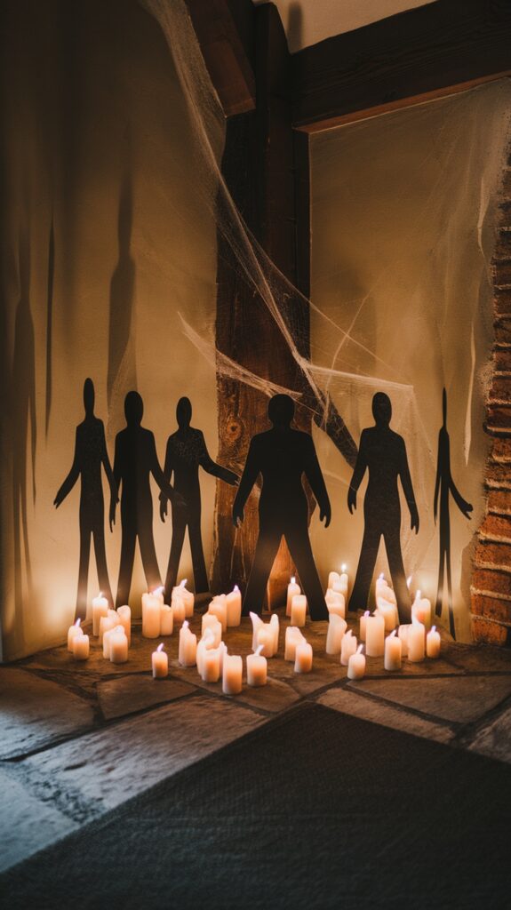 Silhouettes of five figures stand against a wall surrounded by lit candles, with spider webs decorating the corner of the room.