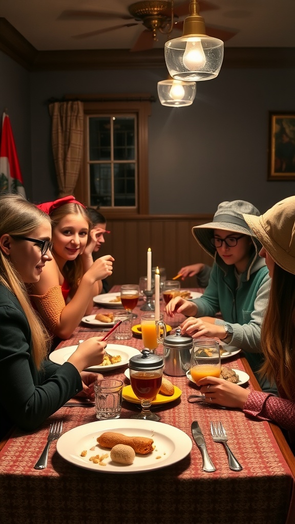 A group of teenagers enjoying a mystery dinner theater at a nicely set table.