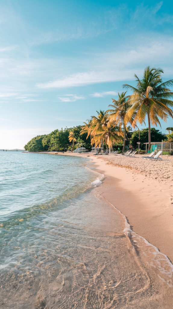 A tropical beach with soft golden sand and clear turquoise water, lined with tall palm trees under a bright blue sky.