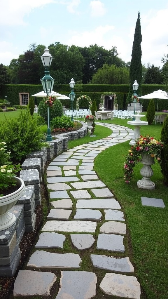 A winding stone path leads through a landscaped garden with green lawns, flower arrangements, and decorative lampposts, surrounded by trees and hedges.
