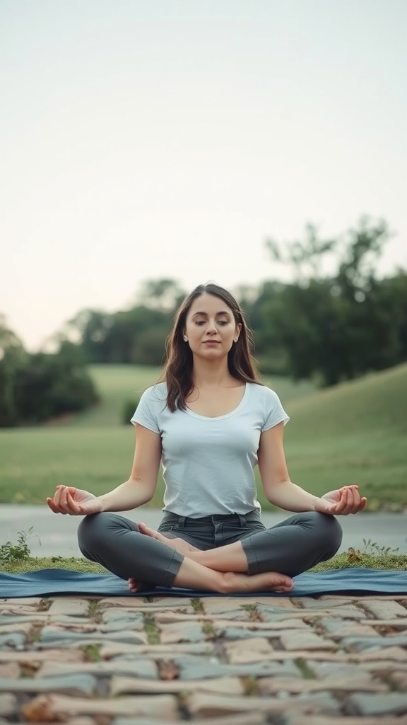 A woman sitting cross-legged on a yoga mat outdoors, meditating in a serene natural setting.