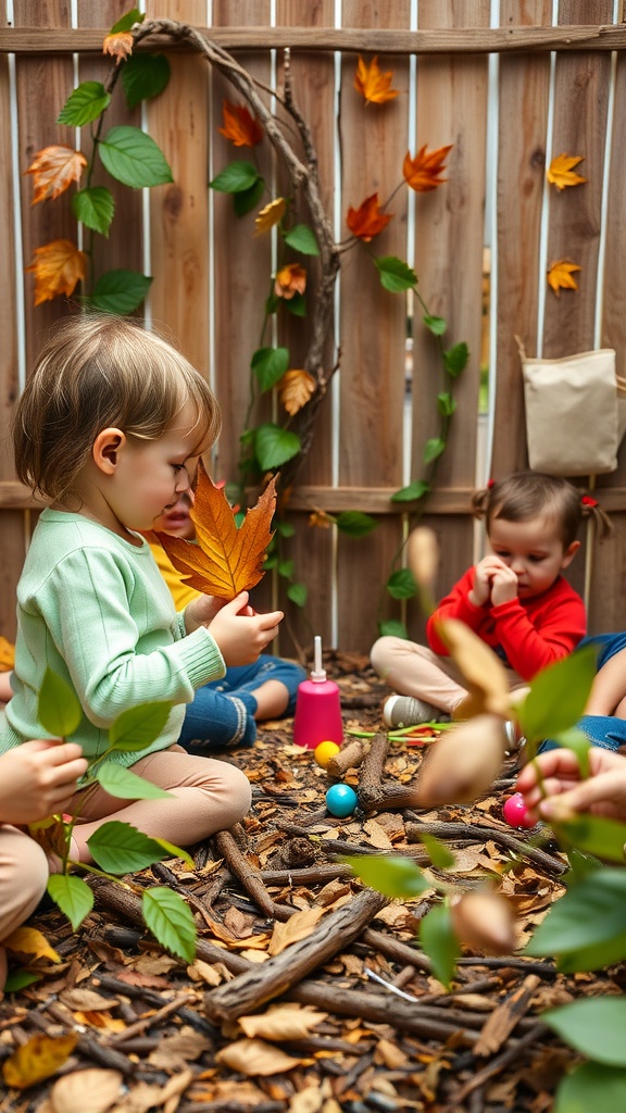 Children engaging in a nature craft activity with leaves and twigs