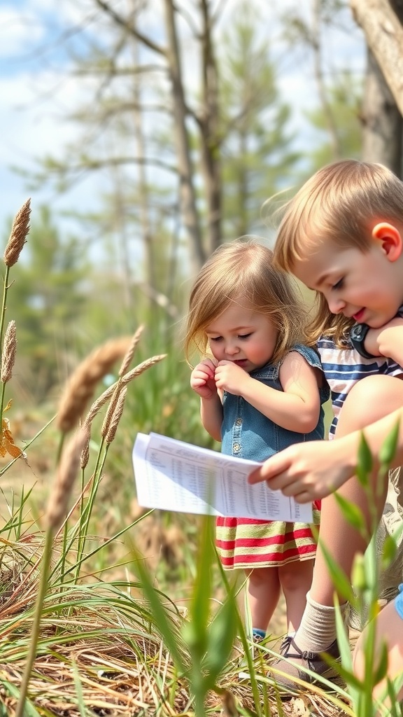 Two children participating in a nature scavenger hunt, looking at a list outdoors.