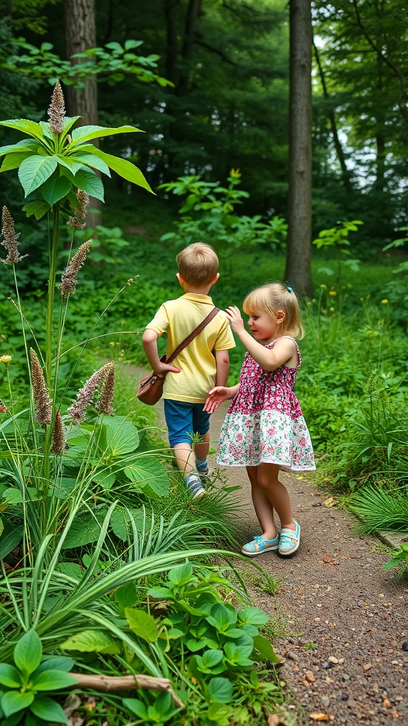 Two children walking on a nature trail surrounded by greenery.