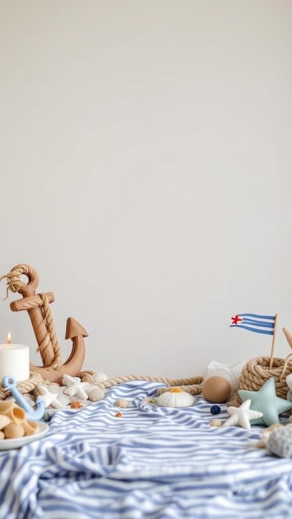 Nautical themed birthday party decorations with anchors, seashells, and blue striped fabric.