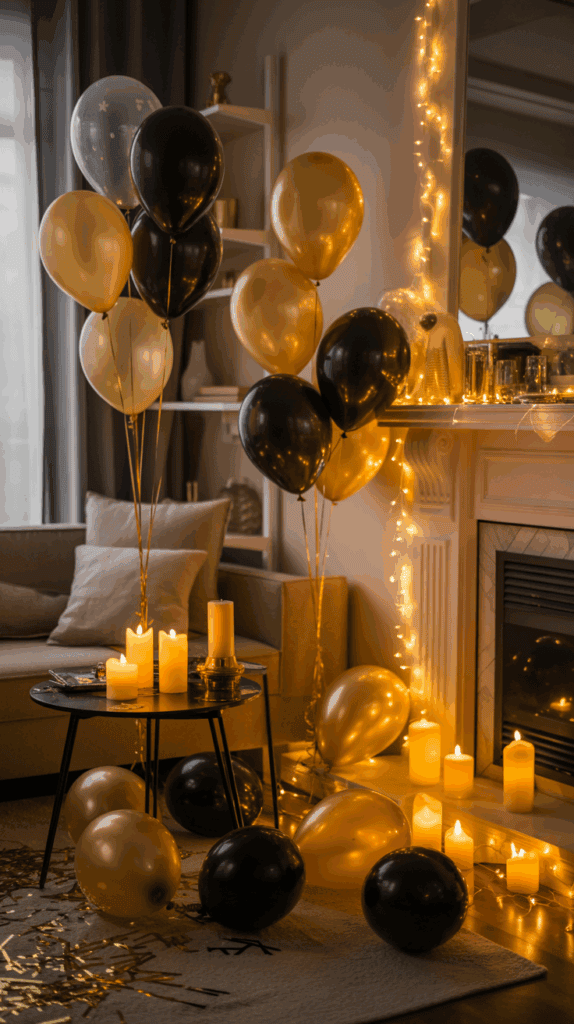 A cozy living room decorated for a celebration, featuring clusters of black and gold balloons, lit candles on a small round table and by the fireplace, and soft string lights adding a warm glow to the ambiance.