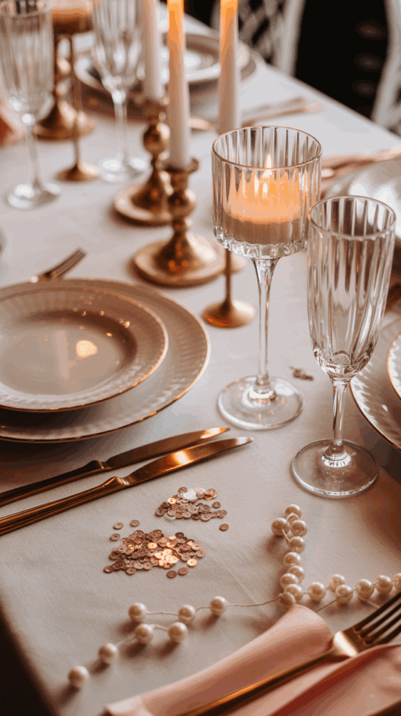 Elegant table setting with fine china plates, crystal glassware, and gold cutlery on a white tablecloth, adorned with lit candles and decorative pearl-like beads and sequins.