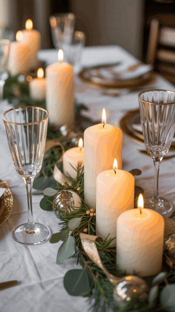 A festive dining table decorated with lit white pillar candles surrounded by green pine branches and gold ornaments, alongside elegant glassware and plates with gold trim.