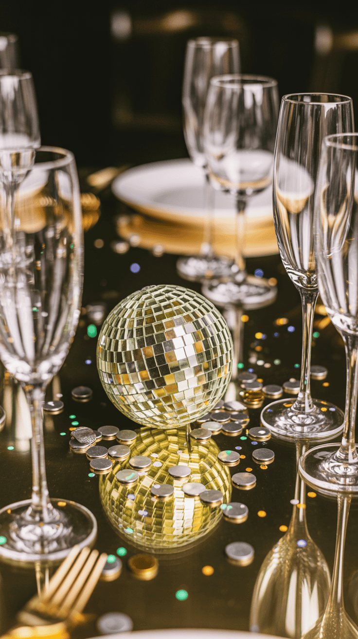 A decorated table with champagne flutes, a small disco ball centerpiece, scattered confetti, and reflective surfaces enhancing the festive ambiance.