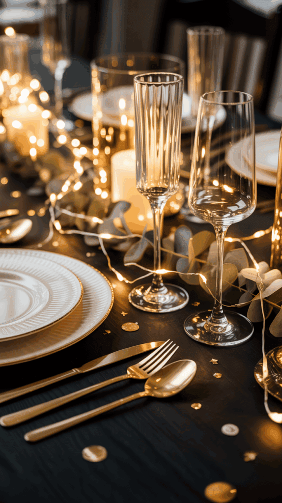 A festive table setting with white plates trimmed in gold, paired with gold utensils and tall, elegant drinking glasses. The table is decorated with small candles and a string of warm white fairy lights, alongside green foliage for a cozy ambiance.