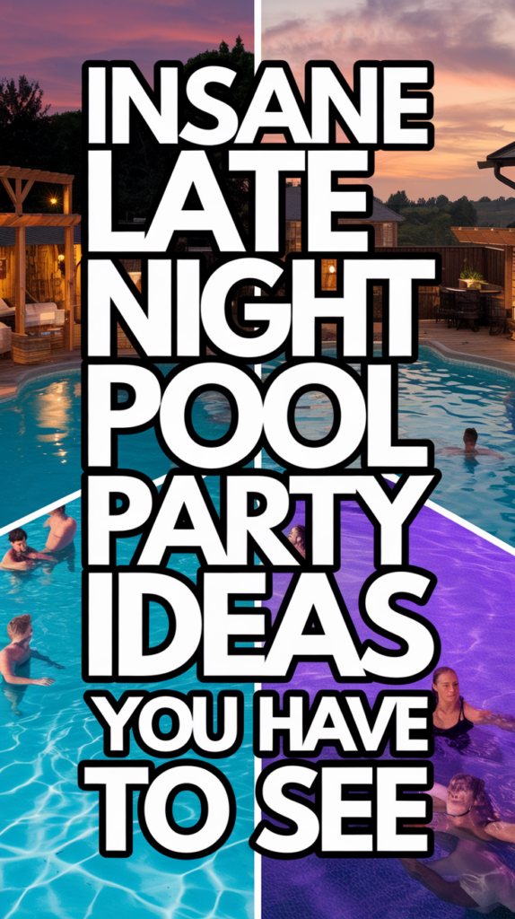 Collage of photos featuring late-night pool parties with the text "Insane Late Night Pool Party Ideas You Have To See" overlaid in bold letters.