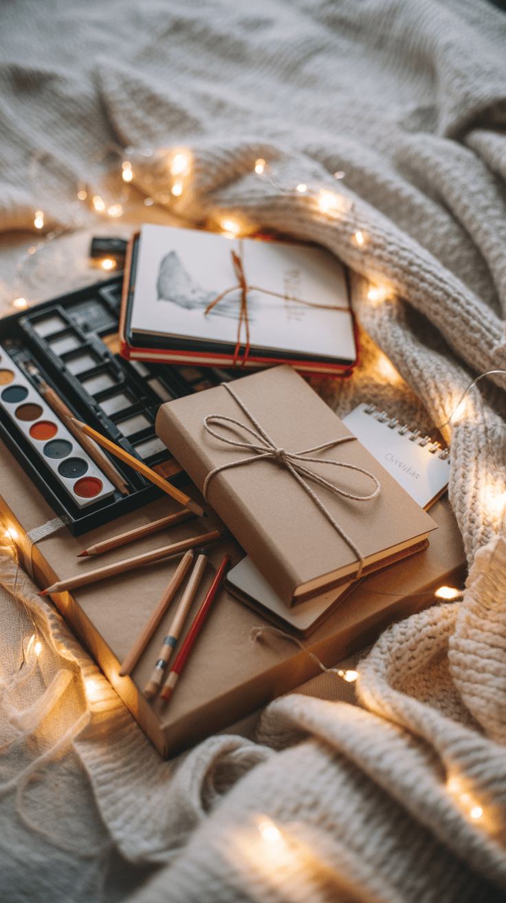 A cozy arrangement of sketchbooks, colored pencils, a watercolor palette, and wrapped gifts on a knitted blanket with string lights.