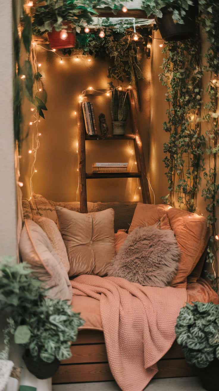 A cozy reading nook with a soft cushioned bench, surrounded by plush pillows and a pink blanket. The space is decorated with string lights, plants, and a wooden shelf holding books and additional greenery.