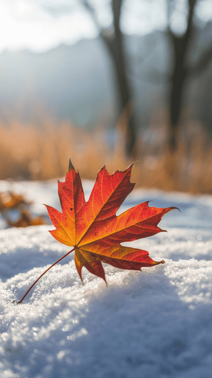 A bright red maple leaf rests on a layer of snow, with a blurred background featuring trees and sunlight.